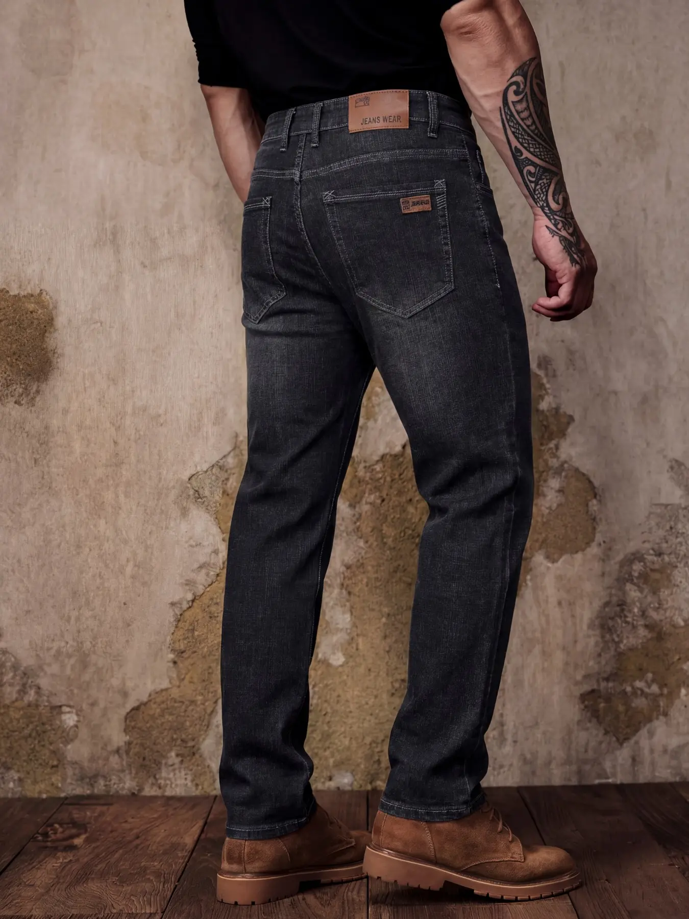 Men's Black Slim Straight Jeans, Denim classic dark wash suitable for all-season wear. Accented with a back waist leather label, ideal for daily commuter styles that blend retro and modern aesthetics.