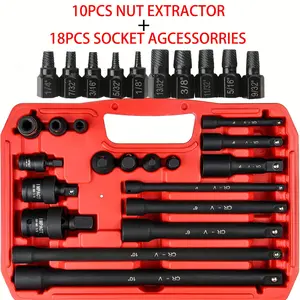 18pcs Drive Socket Accessory Kit+10PCS NUT EXTRACTOR, Accessory for Socket, Extension Bars, Swivel Universal Joint, 1/4", 3/8", 1/2" Drive Socket Adapter, Extension Bar, 3 Ratchet Coupler, CR-V Steel Alloy Corrosion-Resistant Mechanic Tools