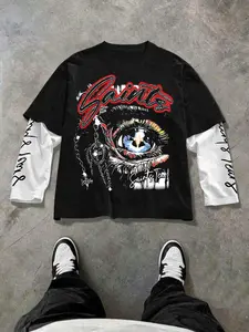 Unisex Graffiti Saints Eyeball Print Two-Piece T-Shirt, Streetwear Style, Colorblock Long Sleeve, Comfortable Fit, All Seasons