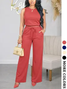 Women's Summer Sleeveless 2-Piece Casual Clothing Set - High-Quality Comfortable Fabric, Wide-Leg Pants with Pockets, Black, Apricot, Blue, Red, Ideal for Daily Wear, Travel