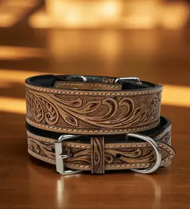 Leather Dog Collar Full grain Leather Handmade Tooled Carved 1.5" wide