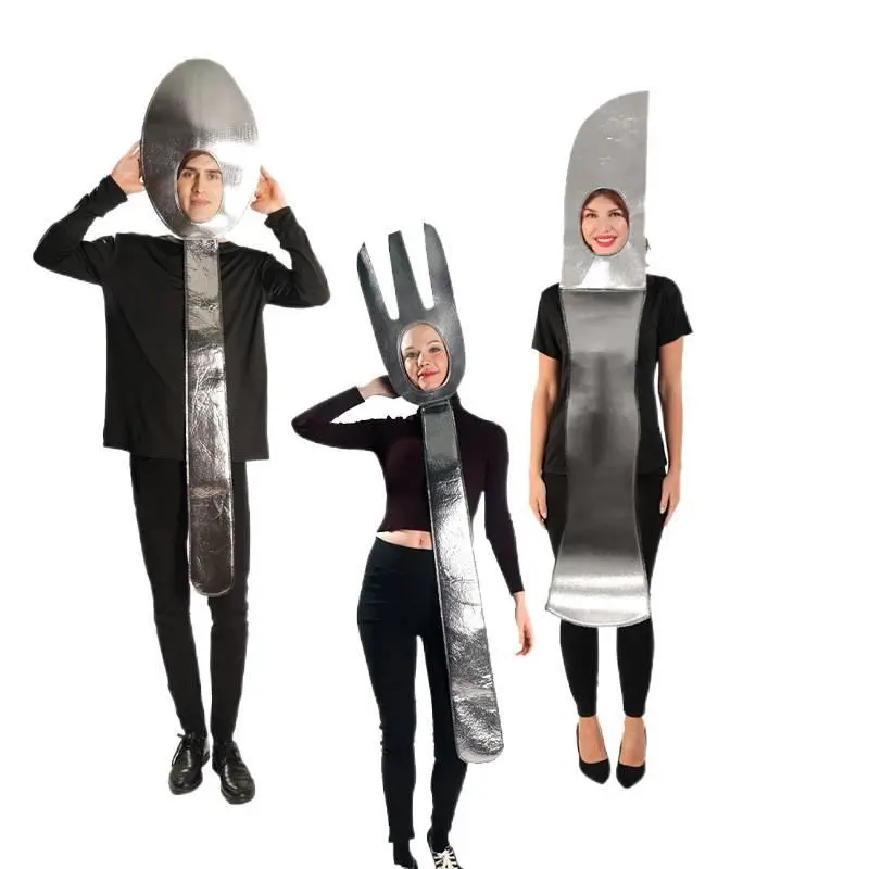 Adult Funny Couples 2-Piece Spoon & Fork Costume Set - Lightweight Soft Foam, Metallic Finish, Adjustable Strap, Oversized Rayon Fabric Outfit for Halloween Parties, Love (Menswear Included)