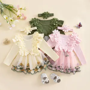 Baby Girls 2Pcs Fall Outfits Long Sleeve Flower Embroidery Tulle Skirt Romper with Headband Set Newborn Clothes 0-24 Months