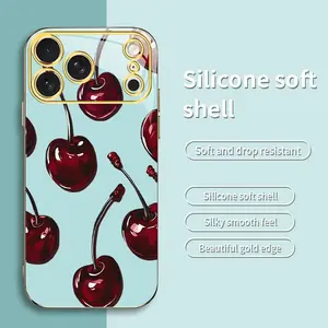 Vintage Cherry Coquette Phone Case — Glossy Dark Fruit Aesthetic, Gold Edges, Soft Cover for iPhone 17 Pro — 975