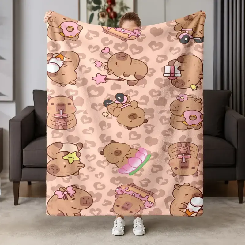Capybara Flannel Blanket - Cute Cartoon Cozy Soft Warm Bedroom Sofa Blanket, Modern All-Seasons Machine-Washable Home Throw, Room Decor Holiday Gift