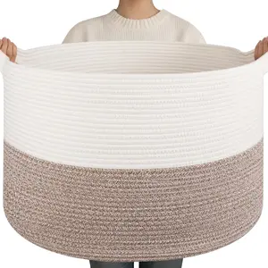 90L XXXLarge Blanket Basket for Living Room, 21.7" x 13.8" Woven Cotton Rope Laundry Basket for Organizing Pillows, Decorative Stuffed Animal Toy Storage Bin for Nursery, White and Linen Brown
