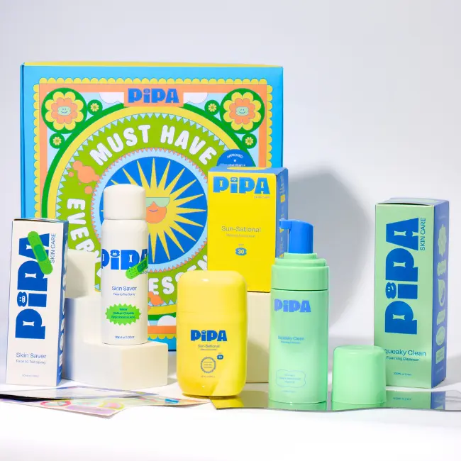 Must-Haves Bundle by Pipa Skincare l Preteen skin health for boys and girls l Set with Foaming Cleanser, HOCI Spray, SPF 30 Sunscreen & Clear Pouch for Healthy Protected Skin