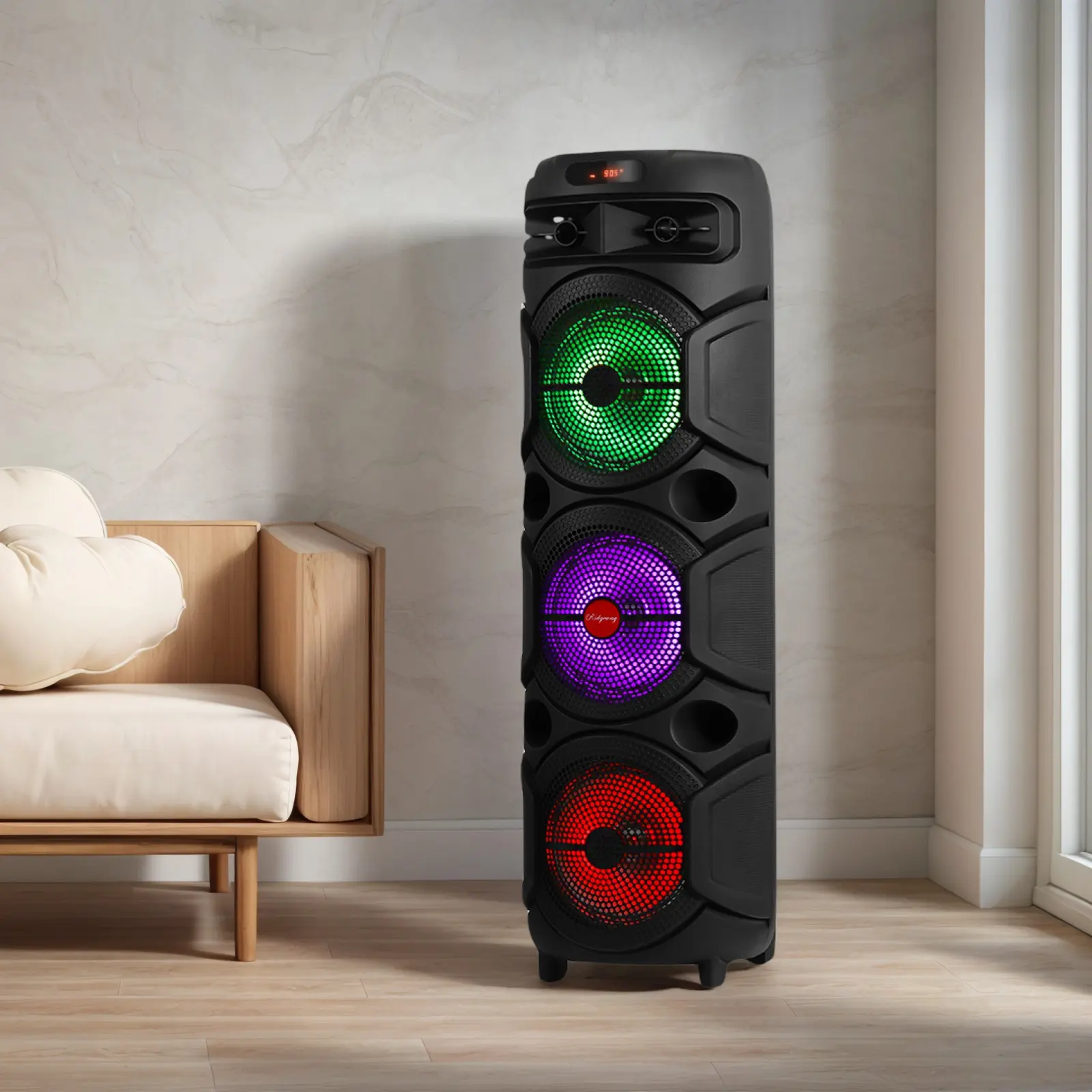 35" Tall Bluetooth Party Speaker, 3 x 8" Subwoofer, High Power Bass Portable Rechargeable Stereo Wireless Speaker With LED Lights FM Radio Microphone