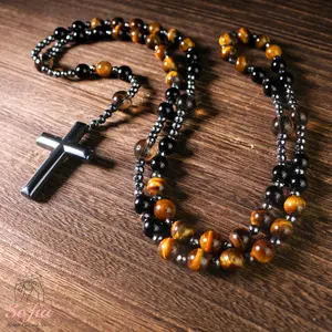 Protection Rosary Necklace Hematite Cross Charm Necklace Obsidian Tiger's Eye Hematite Cross Pendant Amulet for Women Men Gift for her, gift for him