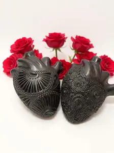 Hand-Carved Barro Negro Sacred Heart | Oaxacan Black Clay Art | Handmade Mexican Folk Art Decor | Wall or Table Centerpiece