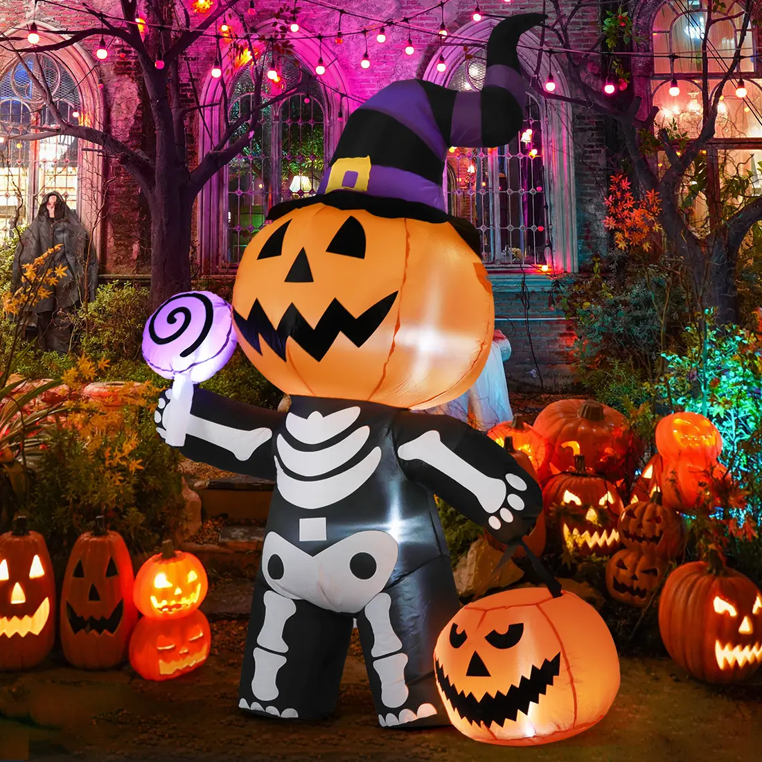 GOOSH 6 FT Outdoor Halloween Inflatables Pumpkin with Skull Body & LED Lights for Holiday Party Yard Garden Ornaments - Waterproof Polyester Fabric, Fast Inflation, CE & UL Certified Safety, Easy Setup & Storage