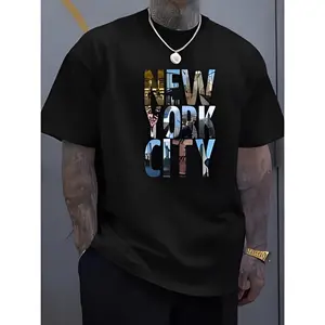 [100% Cotton] Cotton Short Sleeve T-Shirt Men'S Casual New York City Graphic T-Shirt - Black Polyester Blend, Short Sleeve, Round Neck, Summer Tee With Iconic NYC Skyline Print, New York T Shirt Menswear Top T-Shirt For Men And Women