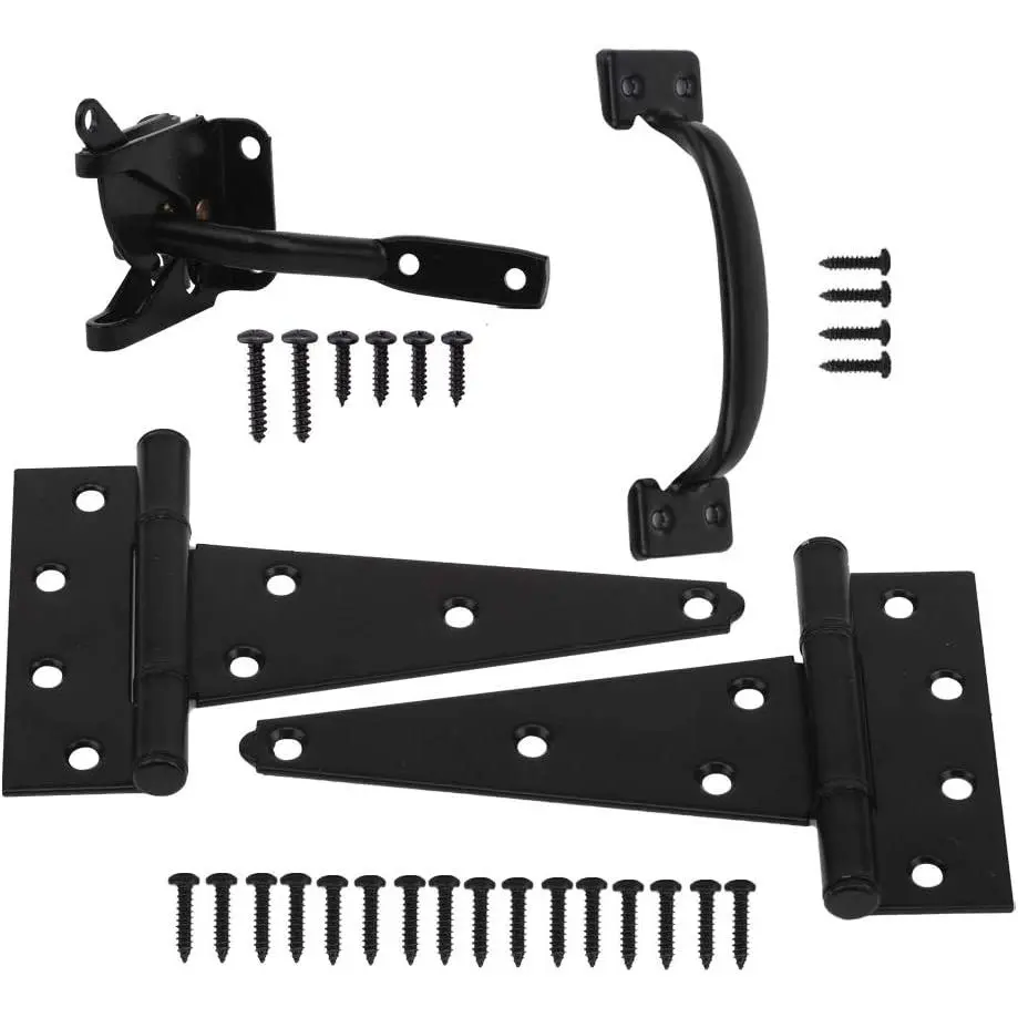Heavy Duty 6" Wood Gate Hardware Set, Includes Gate Tee Hinge and Pull with Screws, Black Finish, Outdoor Fence and Swing Gate Kit