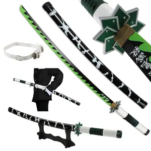 41 inches Anime Bamboo Dull Blade Wooden Demon Slayer Sword Cosplay Shinazugawa Sanemi with Belt & Holder Stand Display for Halloween Cosplay Role Playing Collection