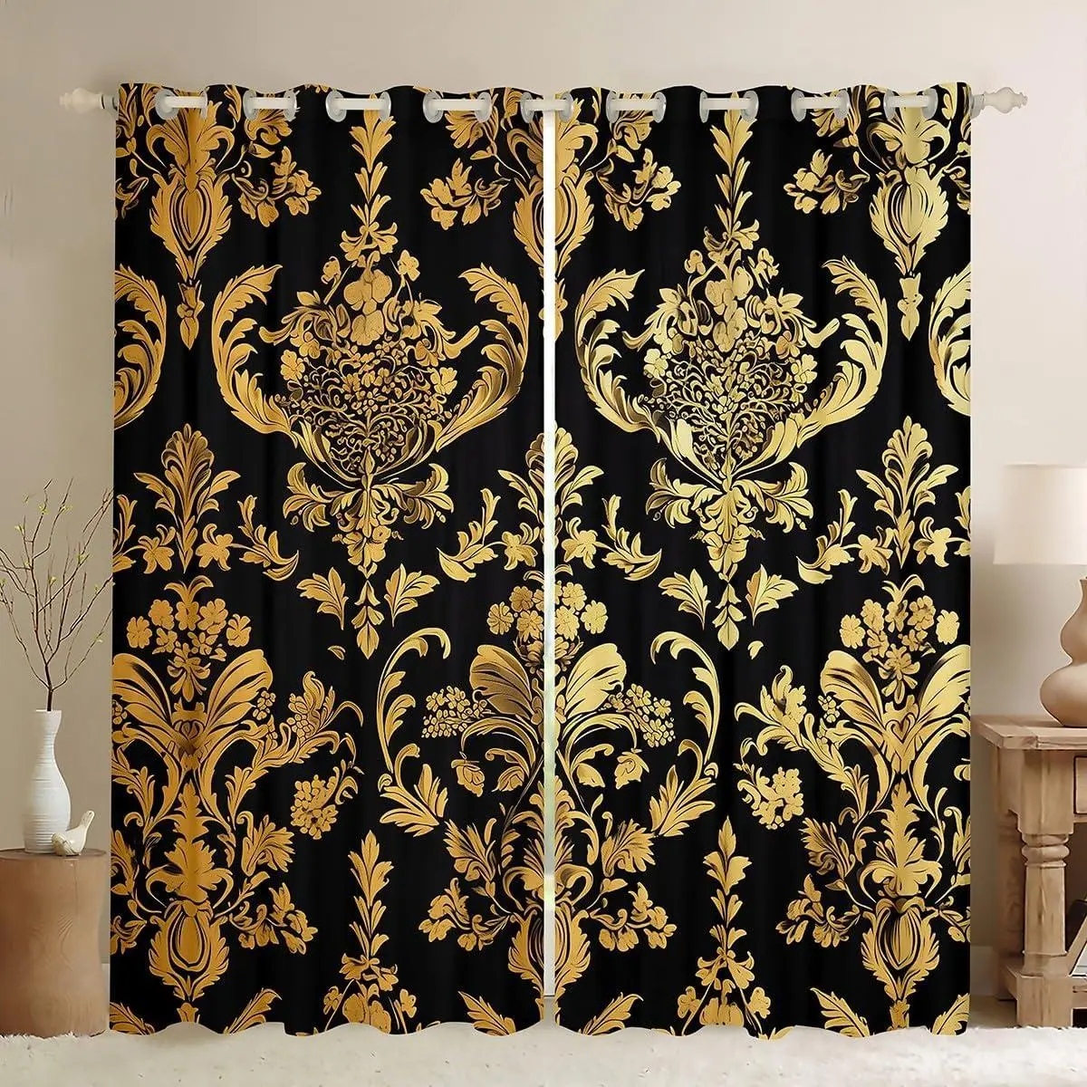 Gold Black Vintage Floral Window Curtains Bedroom Living Room Gothic Bohemia Boho Flower Curtains Oriental Antique Window Drapes 30%-50% Blackout Curtains,,2 Panels