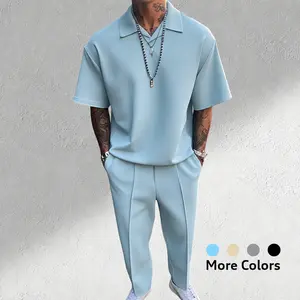 Men’s Casual Polo Shirt and Pants Set, Relaxed Fit Short Sleeve Collared Top with Drawstring Pants, Summer Minimal Streetwear Travel Outfit