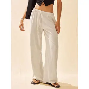 Women's Linen Low Rise Pants - Apricot Color, Drawstring Waist, Loose Fit, Casual Style, Spring/Fall Wear, Viscose Blend