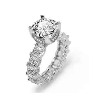 Plated Round Cut CZ Engagement Ring, Solitaire with Princess Cut Accents, Hypoallergenic Wedding Band, Sparkling Promise Ring for Women, Ideal for Bridal, Anniversary & Everyday Wear