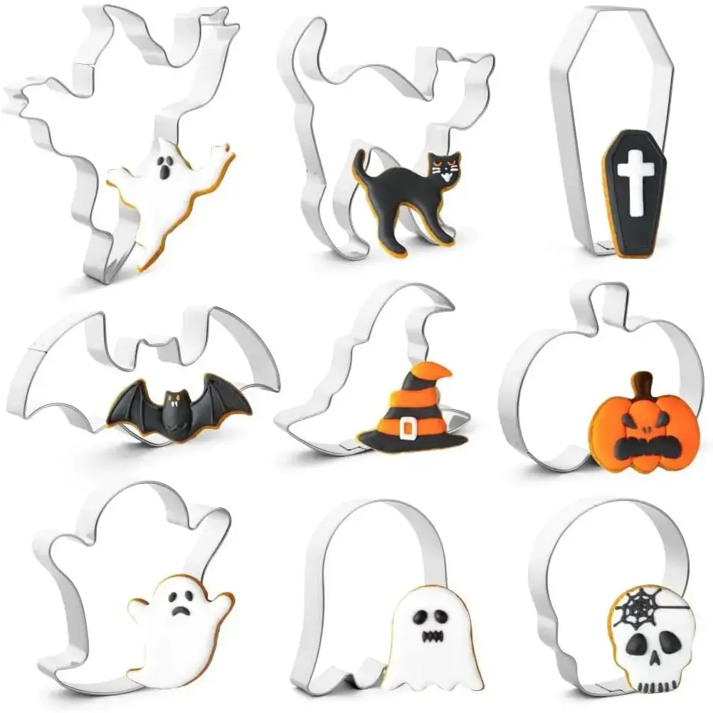 Pure Metal Stainless Steel 9-Piece Durable Halloween Cookie Cutters Set - Convenient and Comfortable Kitchen Bakeware Utensils for Making Cookies, Cutting Cheese or Craft Clay, with 9 Shapes: Pumpkin, Ghost, Bat, Black Cat, Witch's Hat, Skull, Coffin, Cut