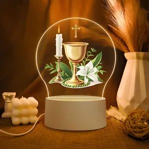 Acrylic LED Night Light, Christian Theme Table Lamp with Chalice, Lily, Cross, Candle, Bible Design, Church Souvenir Gift