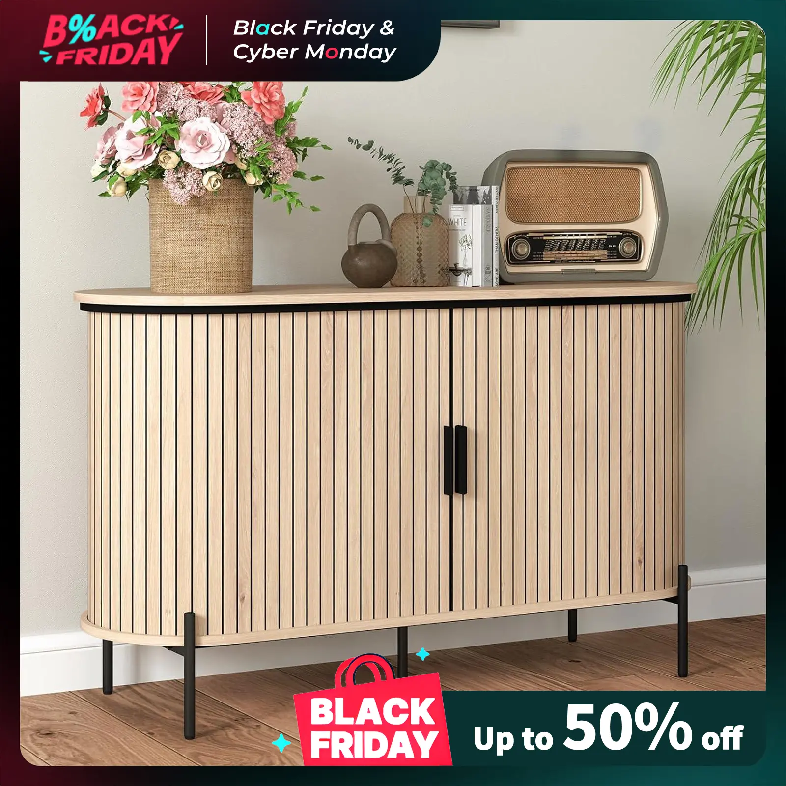 【TikTokShopBlackFriday】EBELLO Sideboard Buffet Cabinet with Storage, Fluted Cabinets with Sliding Doors, Entryway Sideboards Cabinet for Living Room Kitchen, Oak