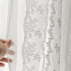 1pc [White Vine-Embroidered Sheer Curtain Grommet Top] Retro Vine Embroidery + Lace Trim, Light-Softening, Fits Living Room/Bedroom, French Elegant Vibe, Easy-Install Fits Most Rods