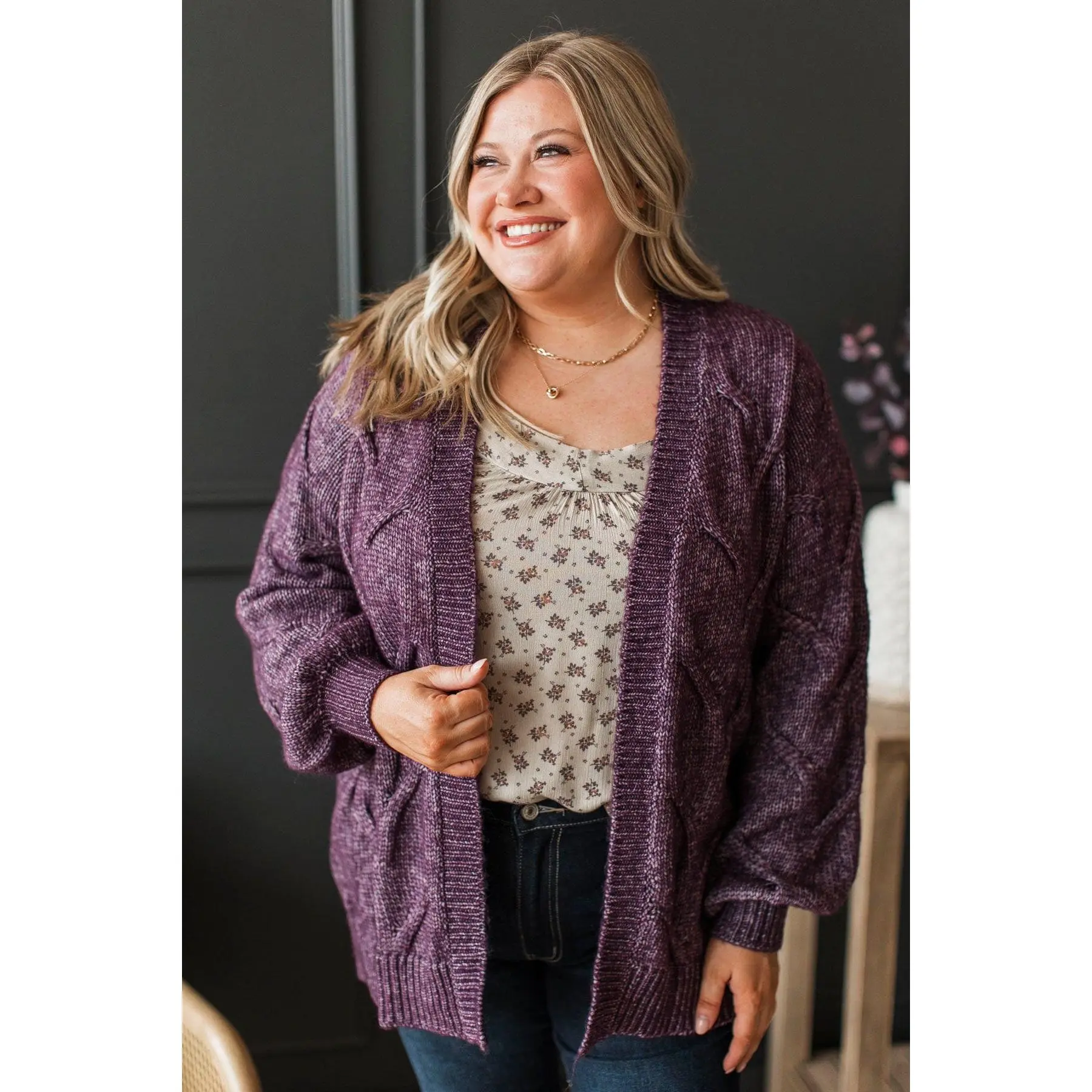 Women's Balloon-Sleeve Cable Knit Cardigan, Casual Purple Clothes with Flattering Fit, "Make Your Own Path" Design Top