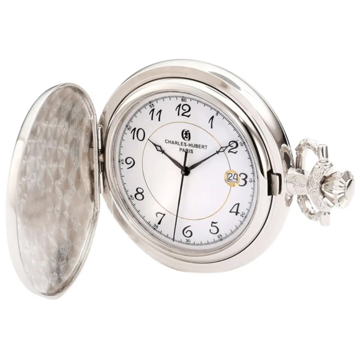 212 MAIN Charles-Hubert Paris Women's Quartz Pocket Watch - Chrome Finish, White Dial with Date Display, Round Face, Floral Back, Fashion Accessory