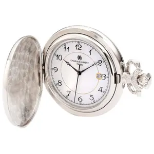 212 MAIN Charles-Hubert Paris Women's Quartz Pocket Watch - Chrome Finish, White Dial with Date Display, Round Face, Floral Back, Fashion Accessory