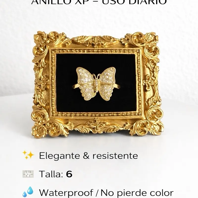 Anillo con Mariposa Elegante & Resistente Talla 6 Waterproof No Pierde Color para Uso Diario