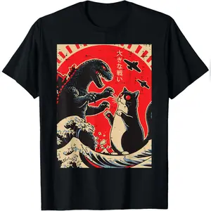 Sea Monster and Cat Fighting Waves Japanese Men Women T-Shirt Relaxed Fit Cotton T-Shirt