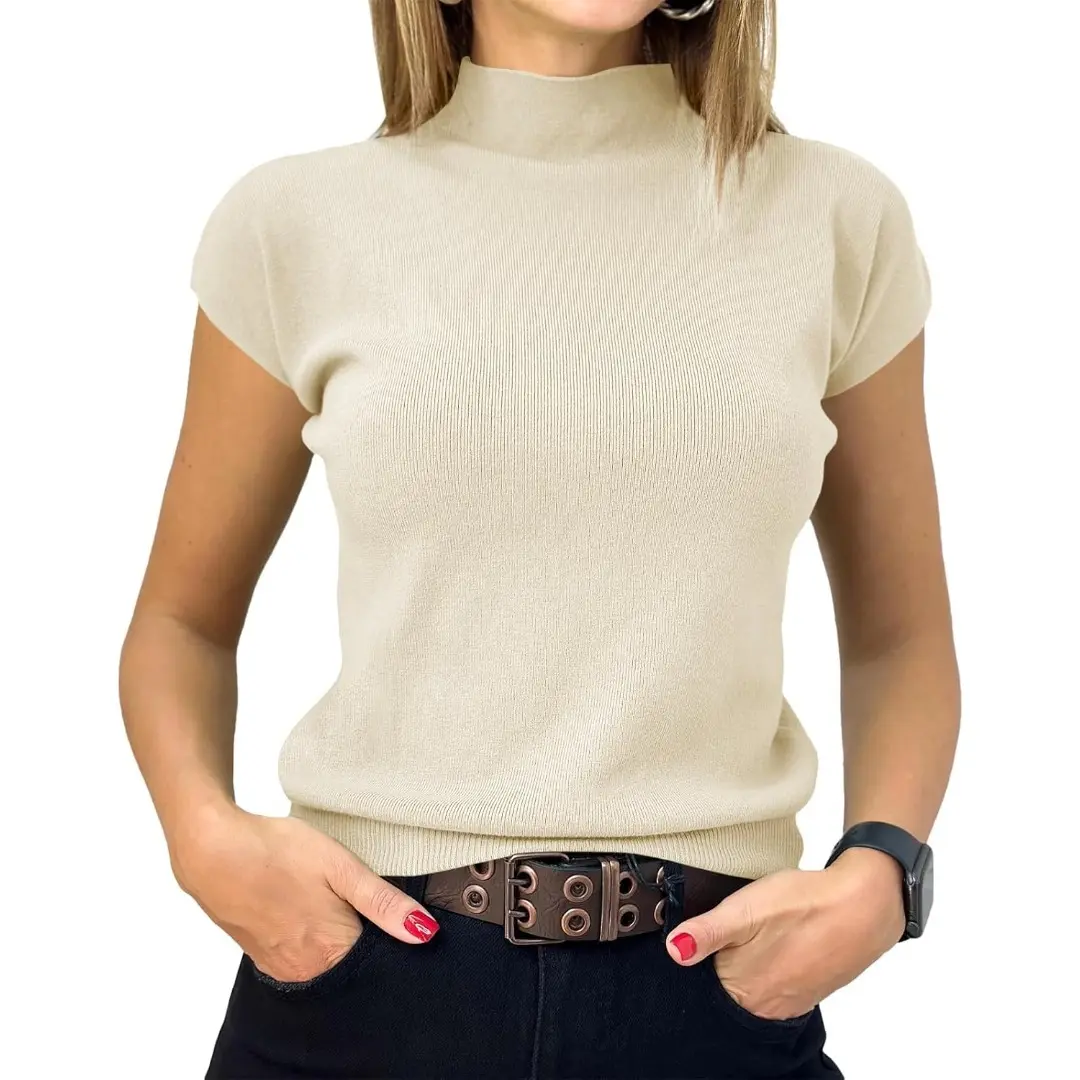 Saodimallsu Women's Short Sleeve Sweater Mock Neck Summer Casual Basic Knit Slim Fitted Pullover Tops Shirt in Khaki Hue  Knitwear Womenswear Lightweight Style Fabric Soft,back to school,back to school shopping, Skirts, Minimalist