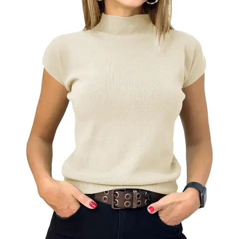 Saodimallsu Women's Knitting Mock Neck Short Sleeve Slim Fitted Pullover - Chic Korean Summer Casual Basic Soft Lightweight Knit Top, Khaki, Back to School, Party, Minimalist Match with Skirts