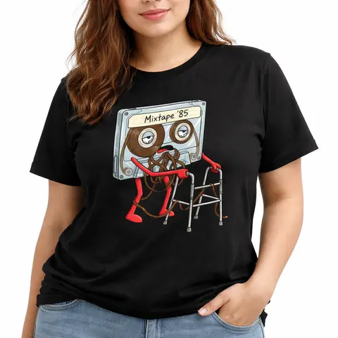 Women's Comfortable Cotton Round Neck H-Type Graphic T-Shirt - Short Sleeve, Retro Cartoon Teddy Bear Print, '85 Mixtape Print, Everyday Outdoor Top