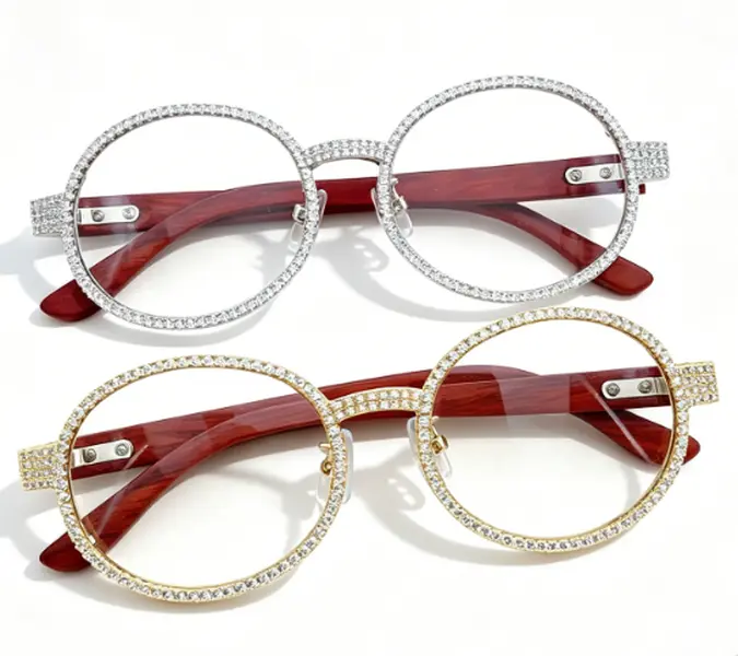 Unisex Copper-Zircon Semi-Round Eyewear Frames - European-American Diamond Accents, Personalized Wooden Legs, Trendy Internet Celebrity Style Adults' Fashion Glasses, Statement Frame Glasses men's jewelry trendy costume jewelry, Decorative Glasses
