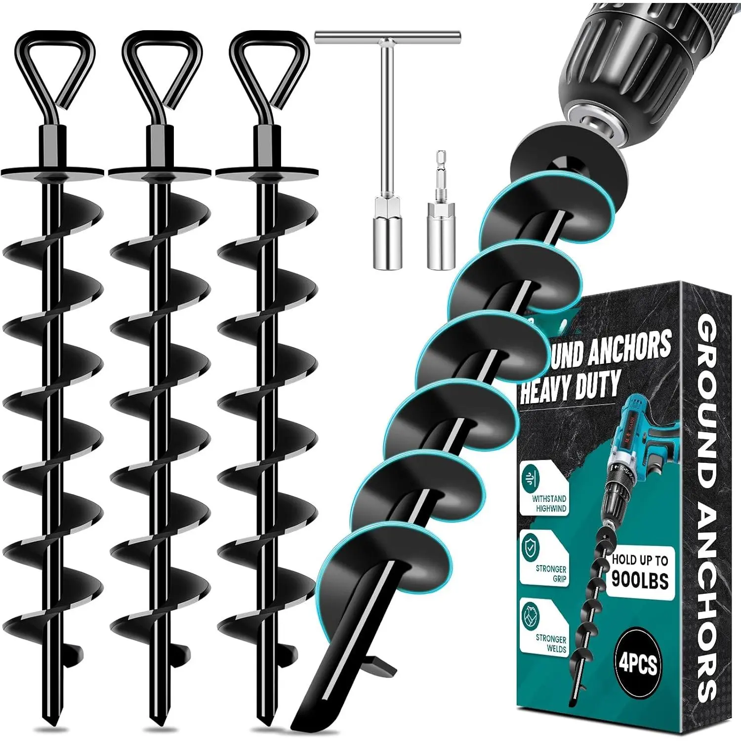 Ground Anchors Screw in, Heavy Duty Ground Trampoline Stakes High Wind Tent Stakes for Tent, Trampoline, Gazebo, Carport, Trap Anchor, Canopies, Swing Set