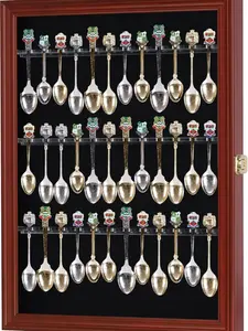 36 Spoon Display Case Cabinet Holder Rack Shadow Box with Lockable Door, Dark Cherry Finish
