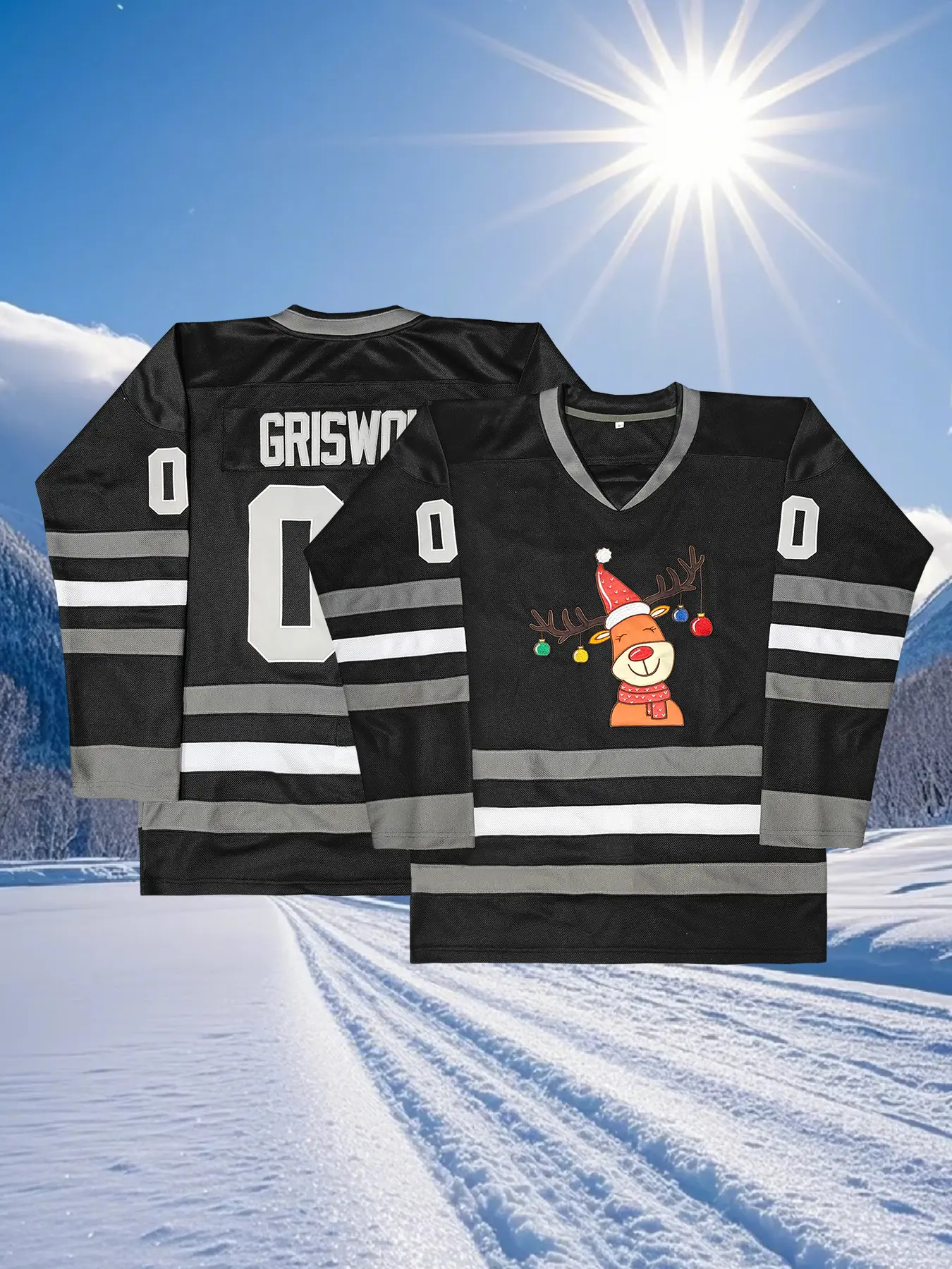 Men's Christmas Deer Hockey Jersey, Premium Embroidered Sports Wear, Suitable for Training and Competition, Unisex Fall Winter, Athletic Sports Clothing