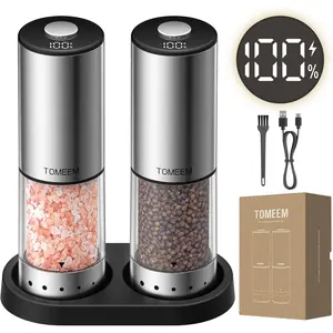 Rechargeable Electric Salt and Pepper Grinder Set, 115ml Large Capacity Stainless Steel Automatic Pepper Mill with Storage Base, Display and Light, 5 Adjustable Grind Settings