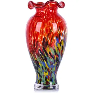 12in Tall Hand Blown Glass Vase Unique Ocean Wave Mouth, Elegant Modern Glass Flowers Decorations Vase, Colorful Handmade Vases for Home Living Room Bookshelves Wedding High End Centerpieces