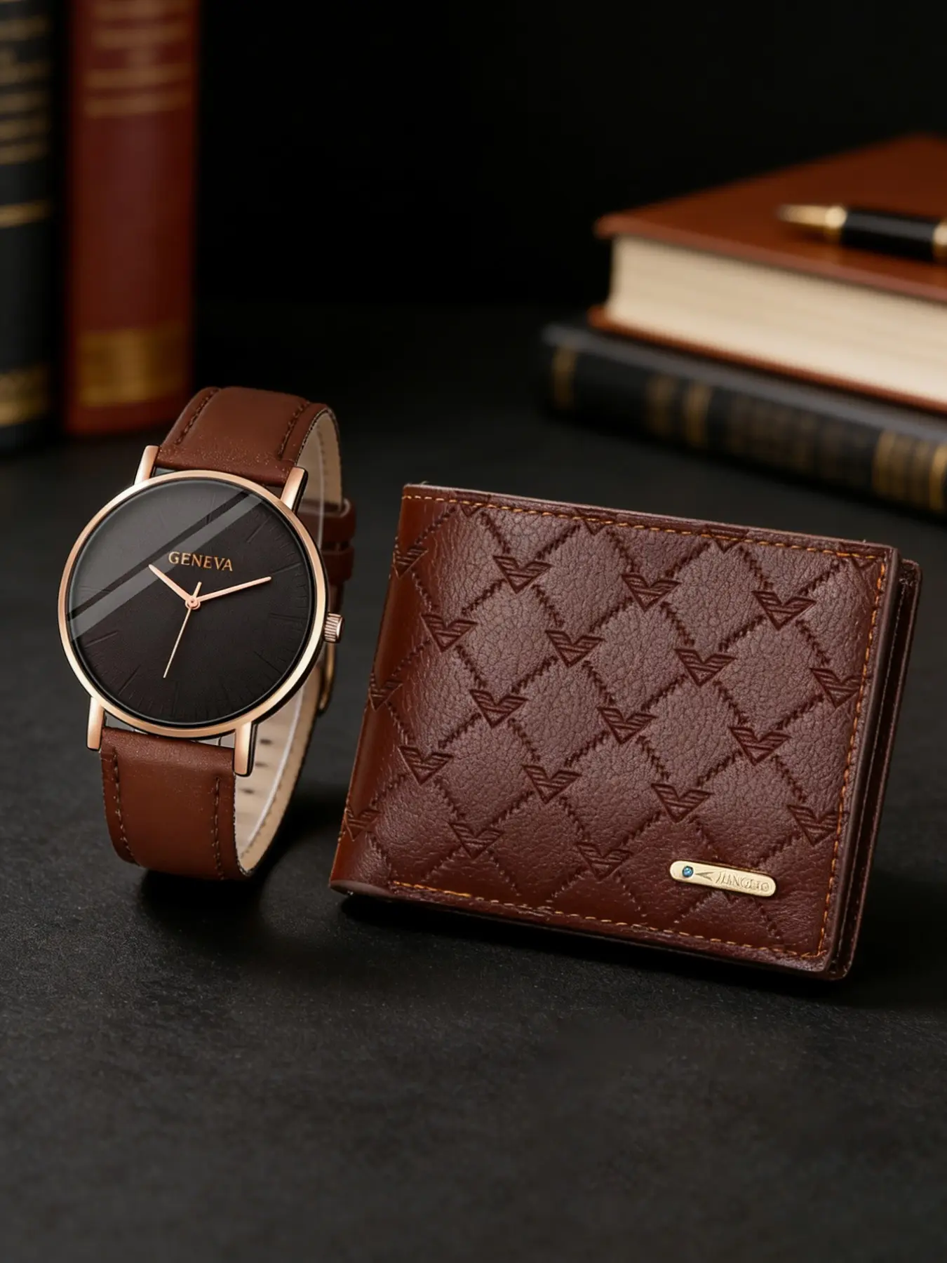 Men's Leather Strap Ultra-Thin Analog Quartz Watch & Luxury Business Multi-Layer Wallet Set, Analog Display, Accurate Time, Gift, Daily Wear, Business Casual Watch
