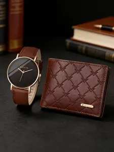Men's Leather Strap Ultra-Thin Watch & Luxury Business Multi-Layer Wallet Set, Analog Display, Accurate Time, Gift, Daily Wear