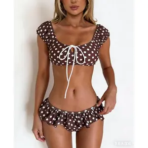 2 Piece Polka Dot Off Shoulder Ruffle Bikini Set for Women 2026 Summer Beach Bathing Suit Swimsuit