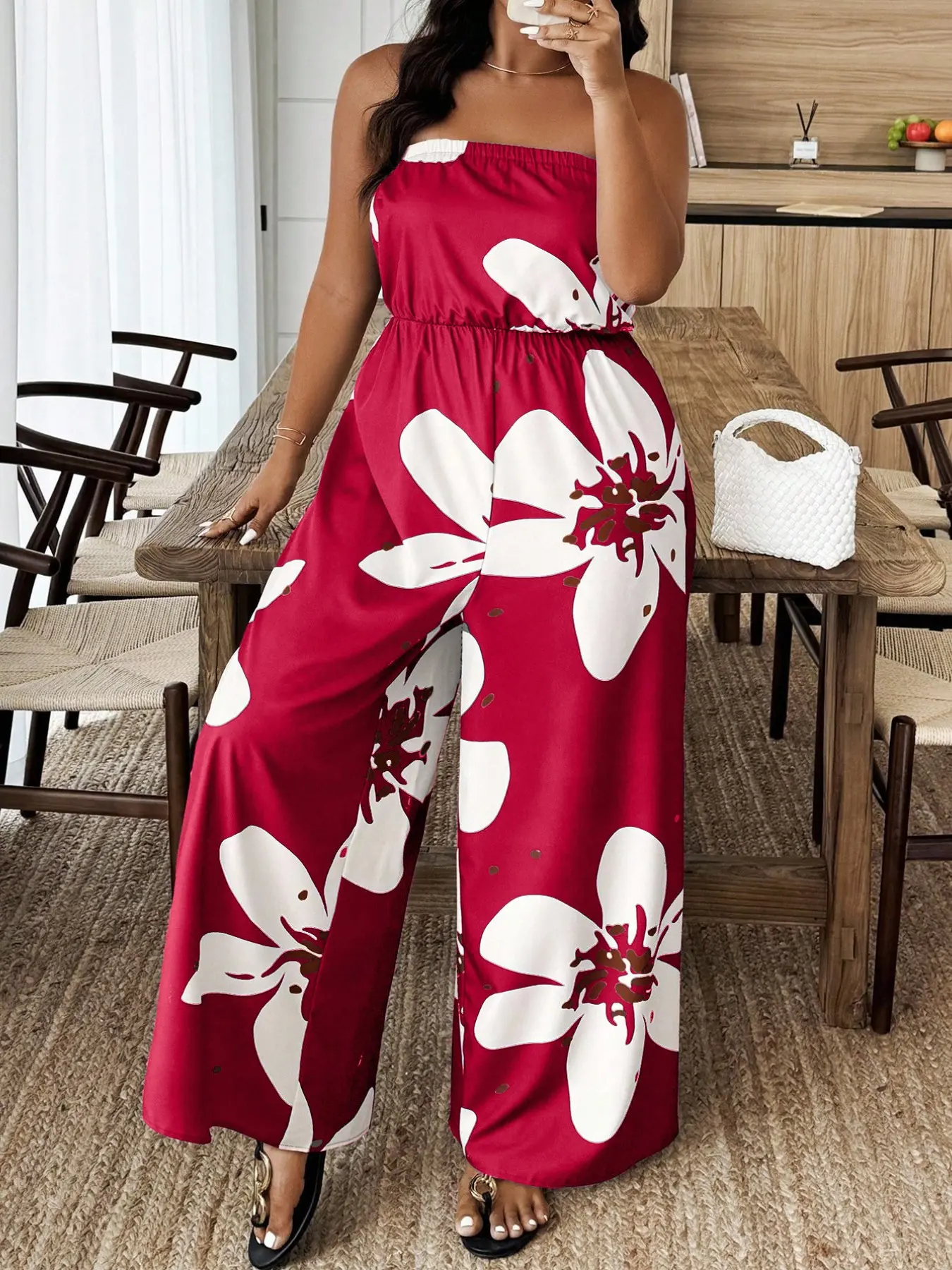 Plus Size Women's Rose Large Flower Floral Loose Sleeveless Jumpsuit Summer, Casual Bohemian Boho Style Fashion One-Piece Romper, Comfortable and Stylish, Womenswear