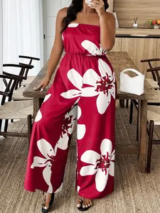 Plus Size Women's Rose Large Flower Floral Jumpsuit Summer, Casual Bohemian Fashion One-Piece Romper, Comfortable and Stylish