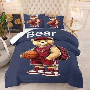 Handsome teddy bear printed pattern bedding set, including 1 blanket and 1 or 2 pillowcases without pillowcases, soft children's or adult bedroom decoration gift