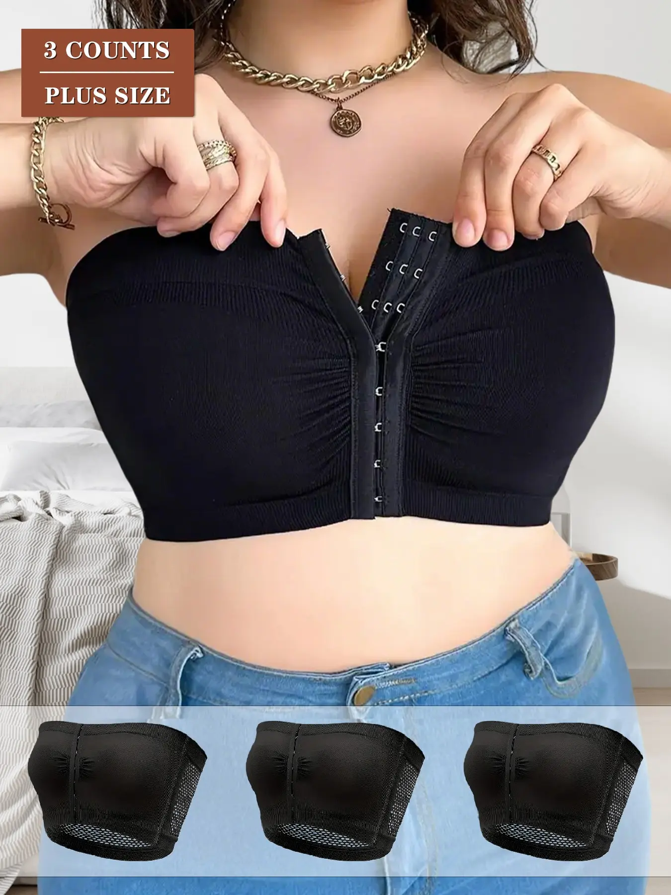 3-Pack Non-Slip Strapless Bra Underwear for Large Bust  Front Buckle Anti-Gravity Tube Top | Seamless Plus Size Fitted Bandeau Bra No Falling Off Womenswear Chic