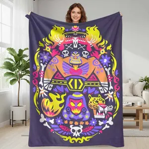 Colorful Tribal Skull Pattern Flannel Blanket  Vibrant Aztec Print Art with Fire  Jaguar and Floral Elements  Soft Warm Cozy Lightweight Throw for Living Room  Sofa  Bedroom  Office  Festival  Halloween  Gift Decor