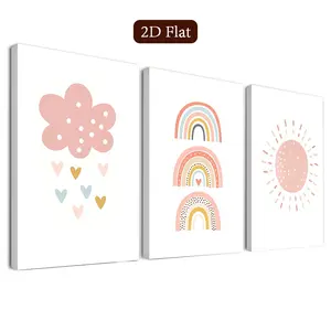 3 Piece Retro Rainbow Frame Art, Cute Cartoon Canvas Wall Decor, Fun Design Poster, Classroom Decoration, Home Office Bathroom