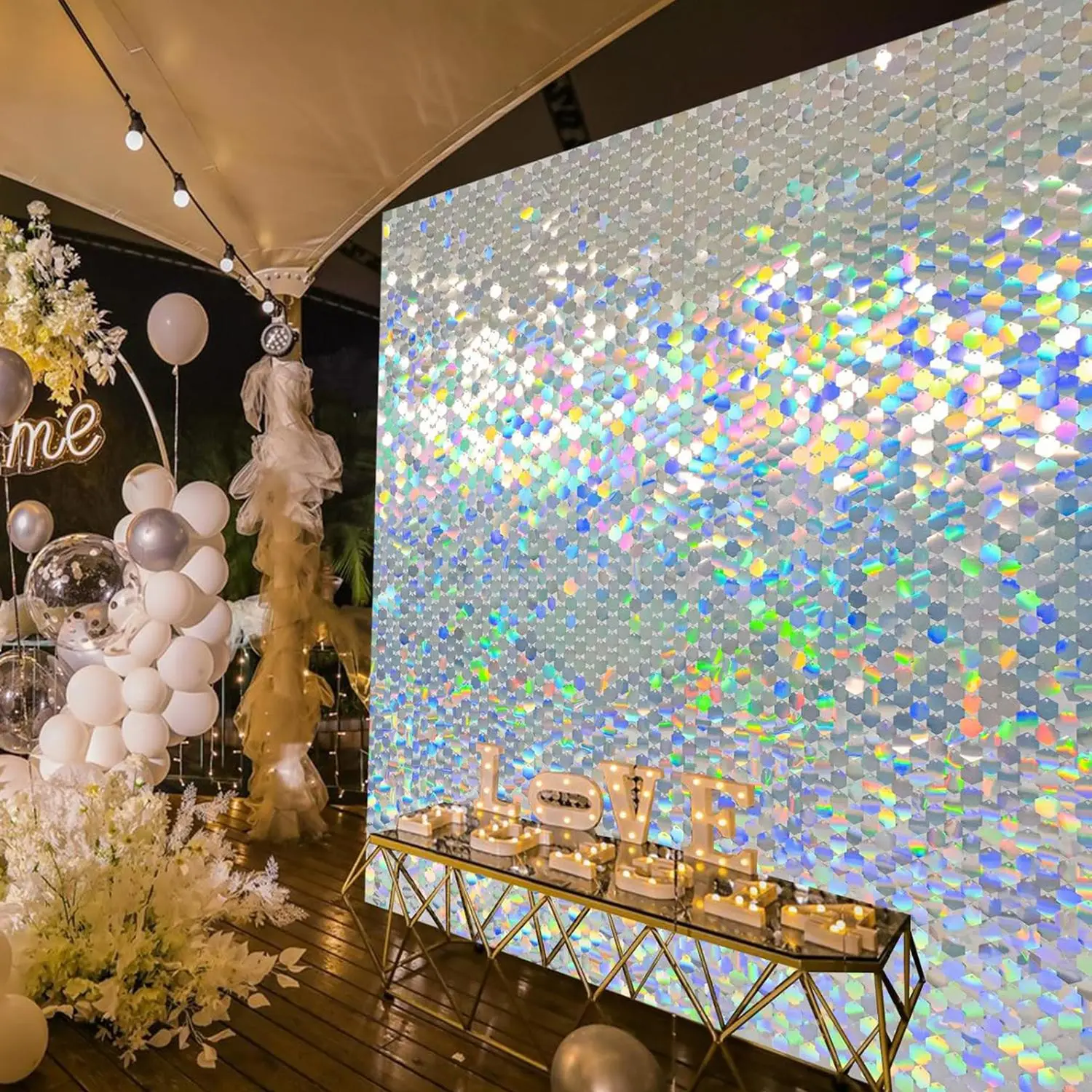 Hexagon Shimmer Wall Backdrop, Sequin Glitter Backdrop, 24pcs/set Sequin Shimmer Backdrop Panel, Photo Backdrops for Birthday, Anniversary, Graduation & Bachelorette, Wedding Party Decor
